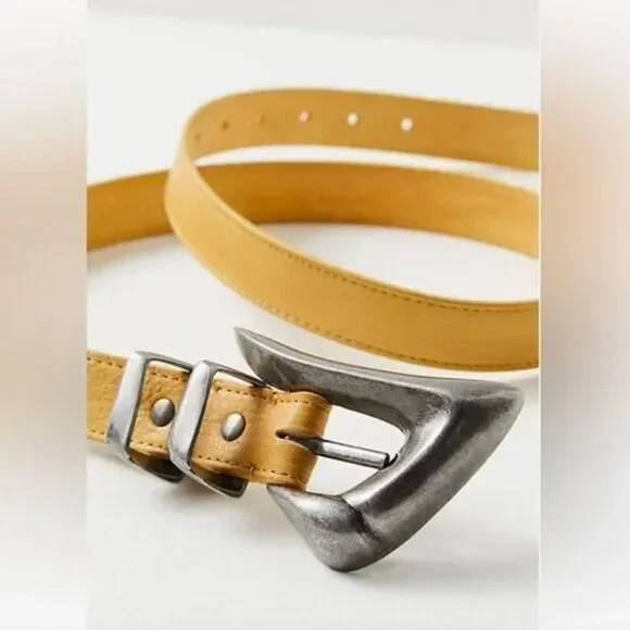 FREE PEOPLE Billie Yellow Leather Belt With Silver Buckle Size M/L - Picture 1 of 5